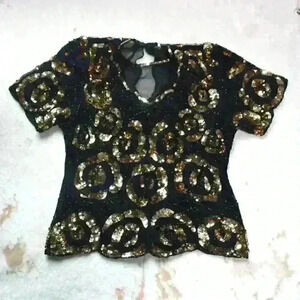 VINTAGE LAURENCE KAZAR 100% Silk Gold Sequin Black Bead Short Sleeve Top Women S